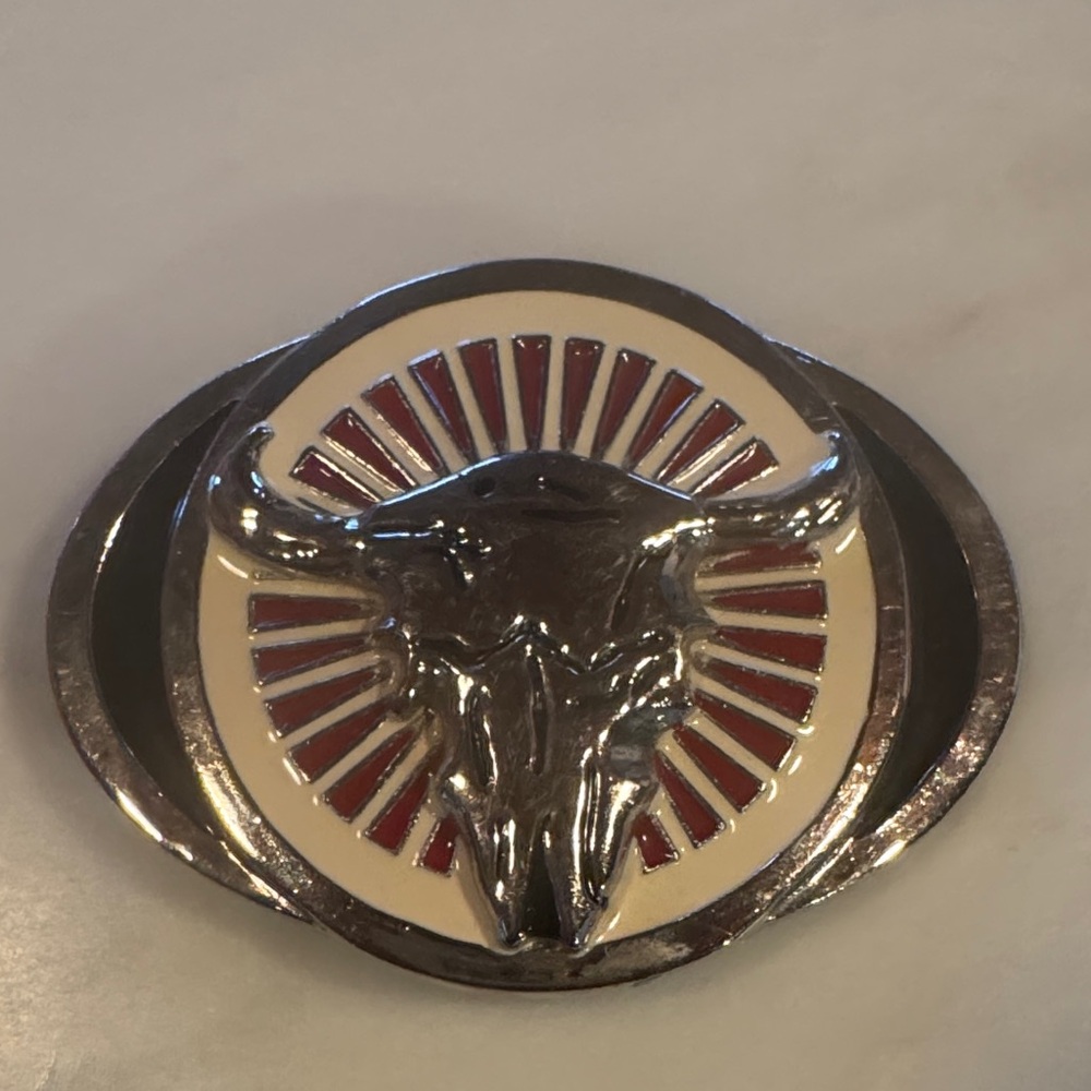 Silver and Red Bull Skull Belt Buckle